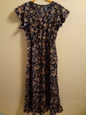 SHEIN Navy Floral Maxi Dress with Yellow Accents